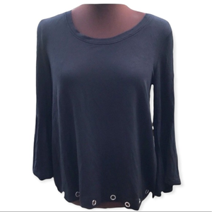 Kensie Black Bell Sleeve Swing Top Grommet Hem Soft Knit Size XS